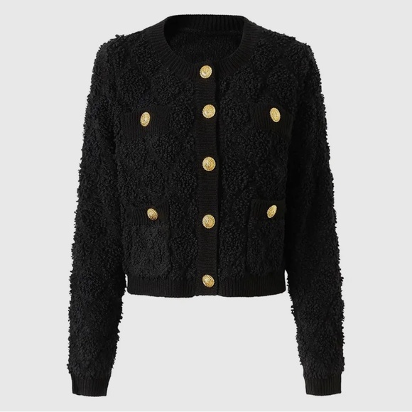 SWEATERS- Black Boucle Cardigan Sweater With Gold Buttons - Picture 2 of 8